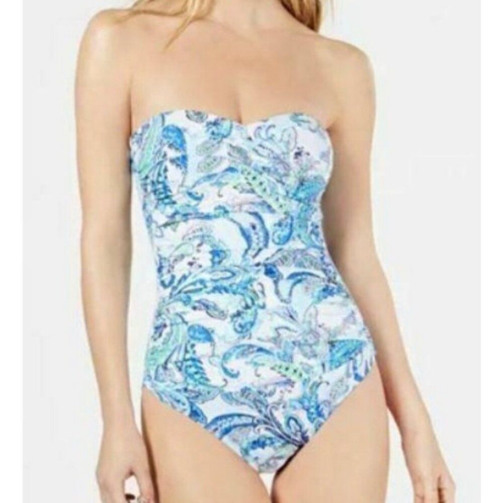 Ralph Lauren White Strapless One-Piece Swimsuit with Blue & Green Paisley Print